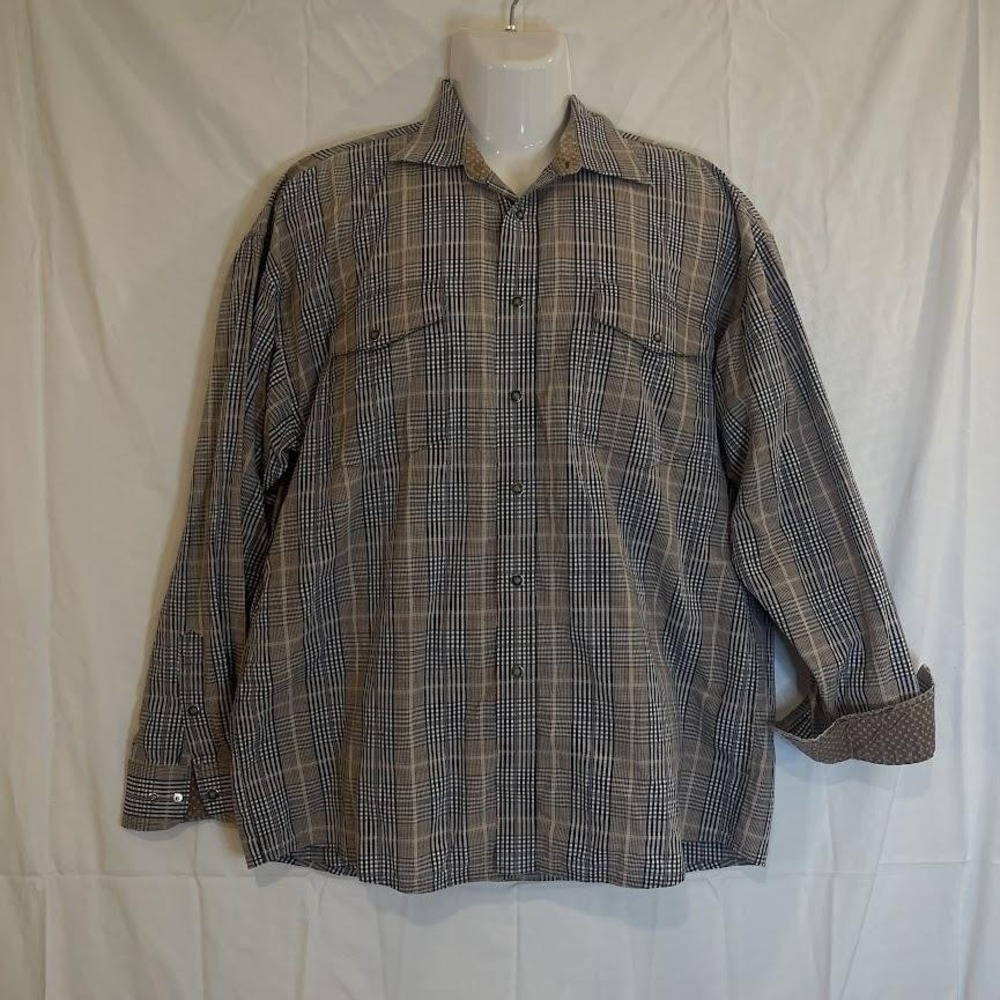 THRASHED Panhandle Slim Shirt Mens L Brown Black Plaid Western Pearl Snap Cowboy